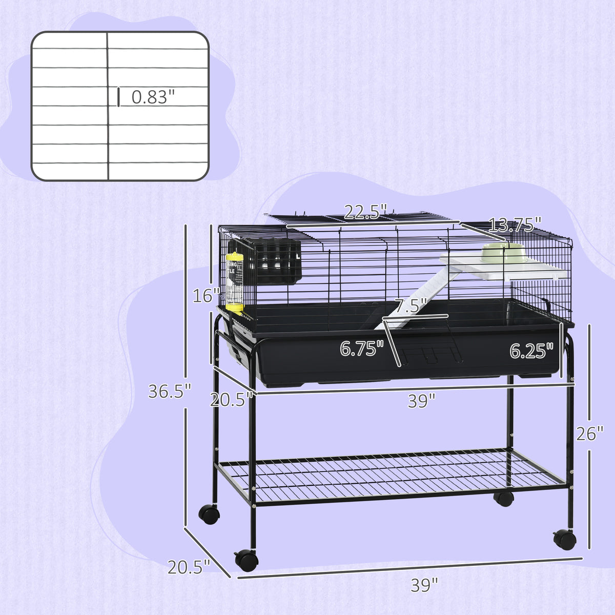 Two-Story Small Animal Cage Removable from Stand, Guinea Pig Cage with Shelf & Wheels, Pet Habitat for Hedgehog, Chinchi