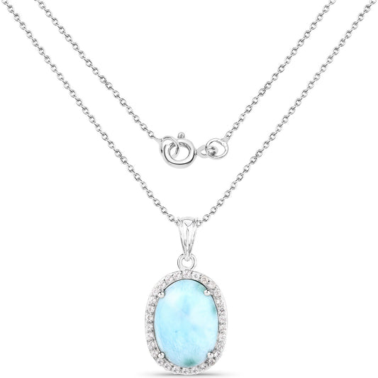13.55 Carat Genuine Larimar and White Topaz .925 Sterling Silver Pendant