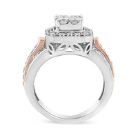 14K White and Rose Gold 1 1/8 Cttw Princess and Round-Cut Diamond Art Deco Style Triple Shank Halo Cocktail Ring (I-J Color, SI2-I1 Clarity) - Size 7