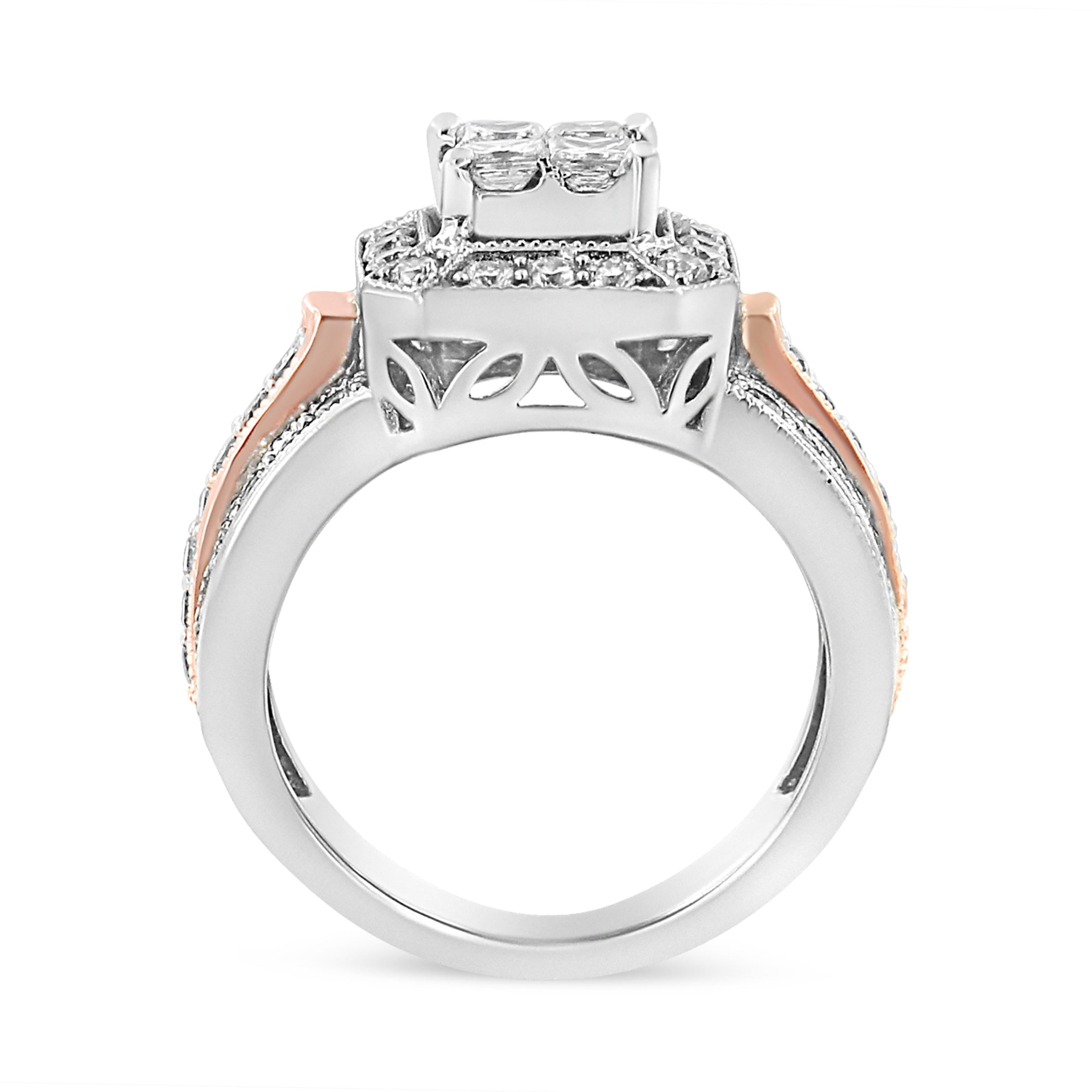 14K White and Rose Gold 1 1/8 Cttw Princess and Round-Cut Diamond Art Deco Style Triple Shank Halo Cocktail Ring (I-J Color, SI2-I1 Clarity) - Size 7