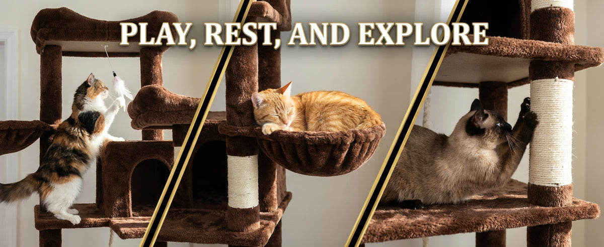 68in Tall Multi-Level Green Cat Tree with Hammocks, Hanging Basket, Cat Cave, Removeable Cushion, Scratching Posts - Plu