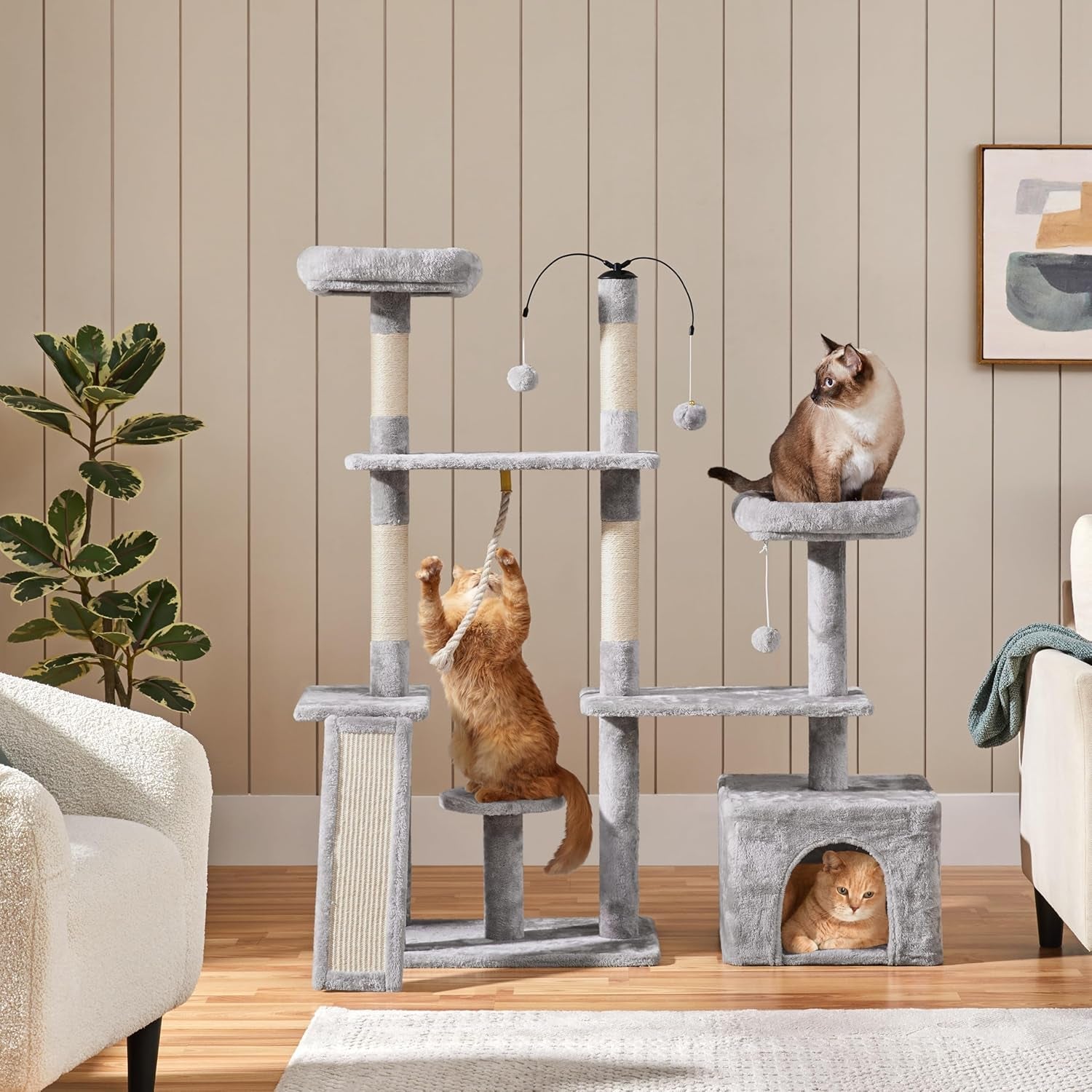 Ultimate 53.5-Inch Rotatable Cat Tree: Multi-Level Playground for Kittens and Large Cats with Cozy Condo and Scratching Posts in Light Gray - BIG FRENCHIES