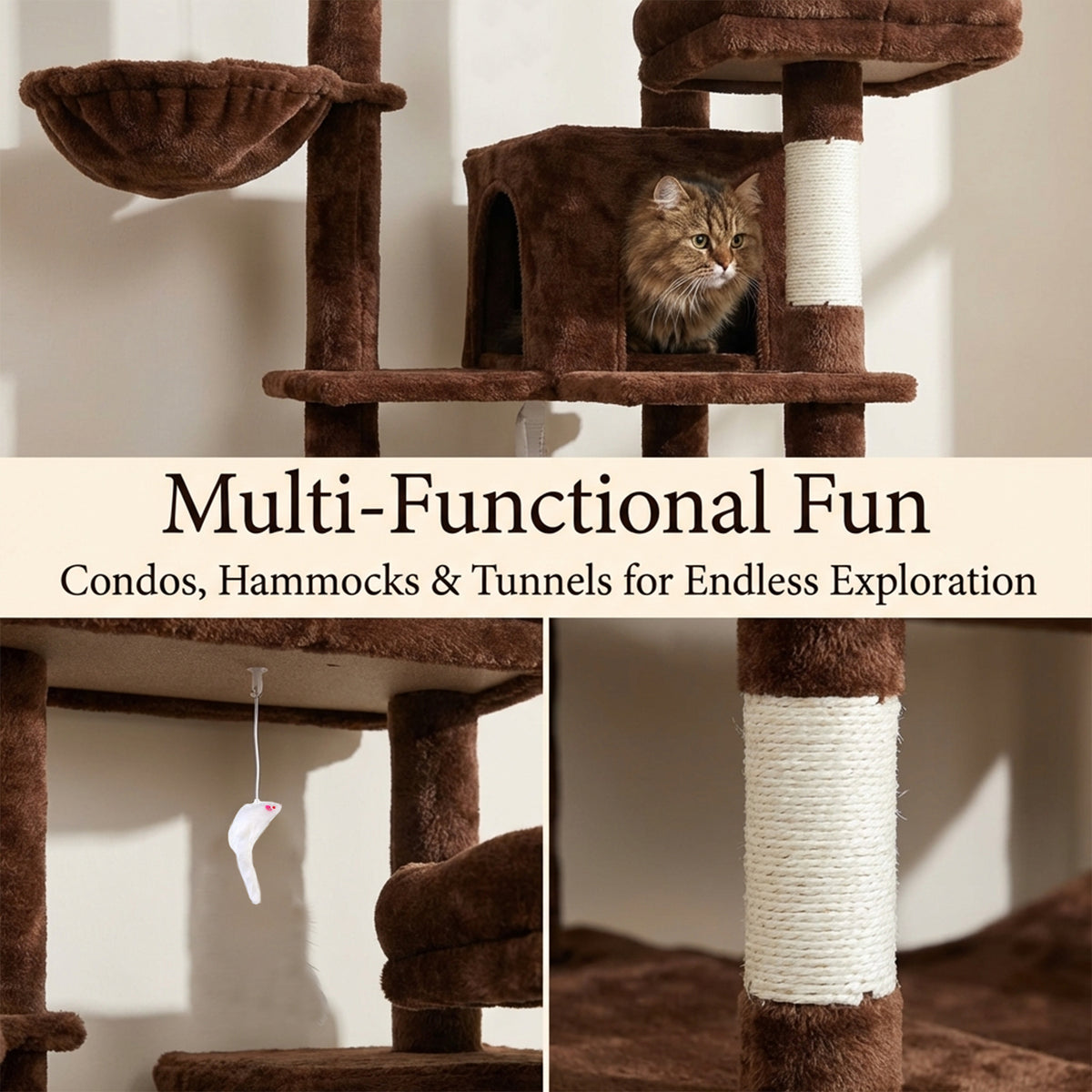68in Tall Multi-Level Green Cat Tree with Hammocks, Hanging Basket, Cat Cave, Removeable Cushion, Scratching Posts - Plu