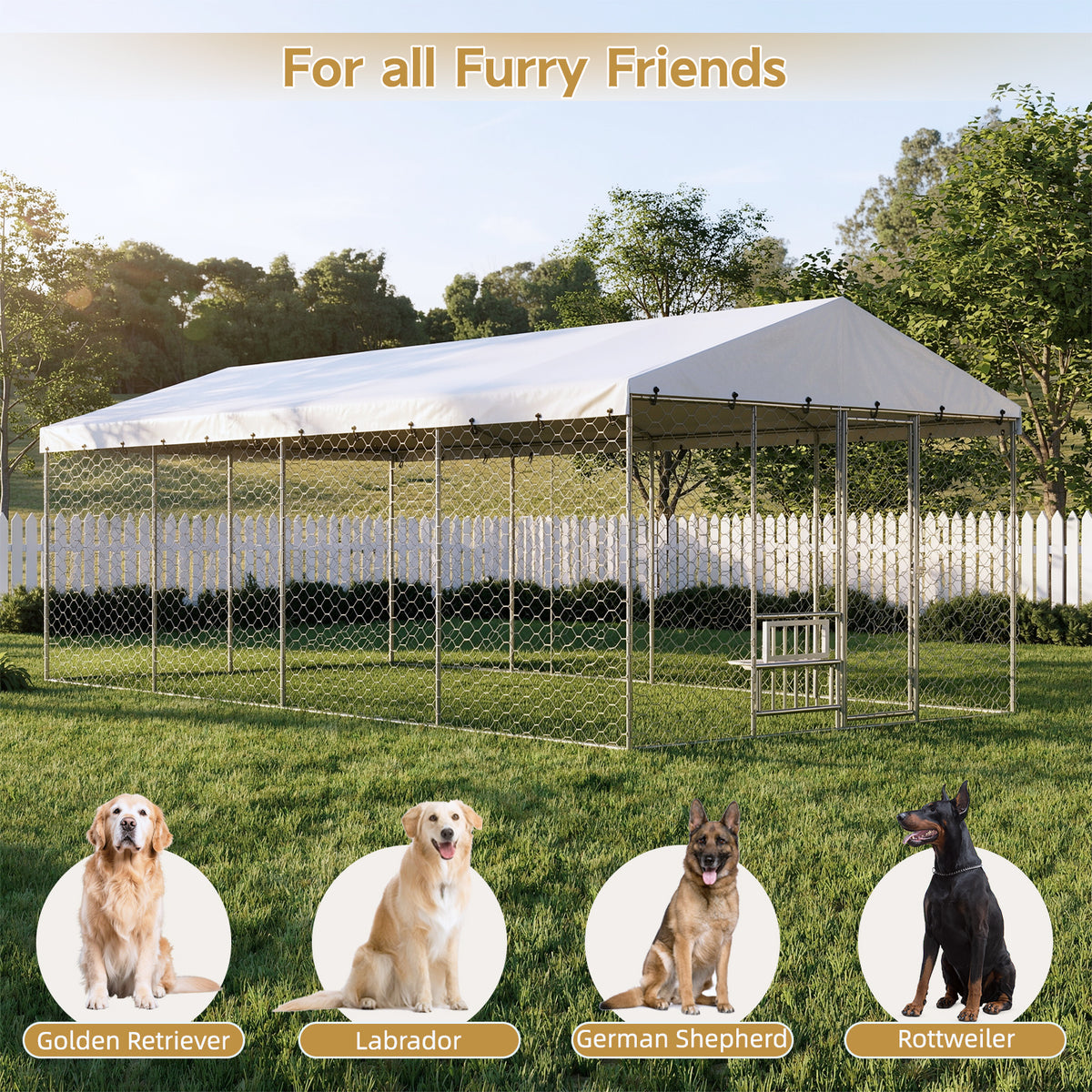 20x10 FT Large Outdoor Dog Kennel with Canopy, Heavy Duty Galvanized Steel Frame, Waterproof Cover, Built-in Elevated Fe