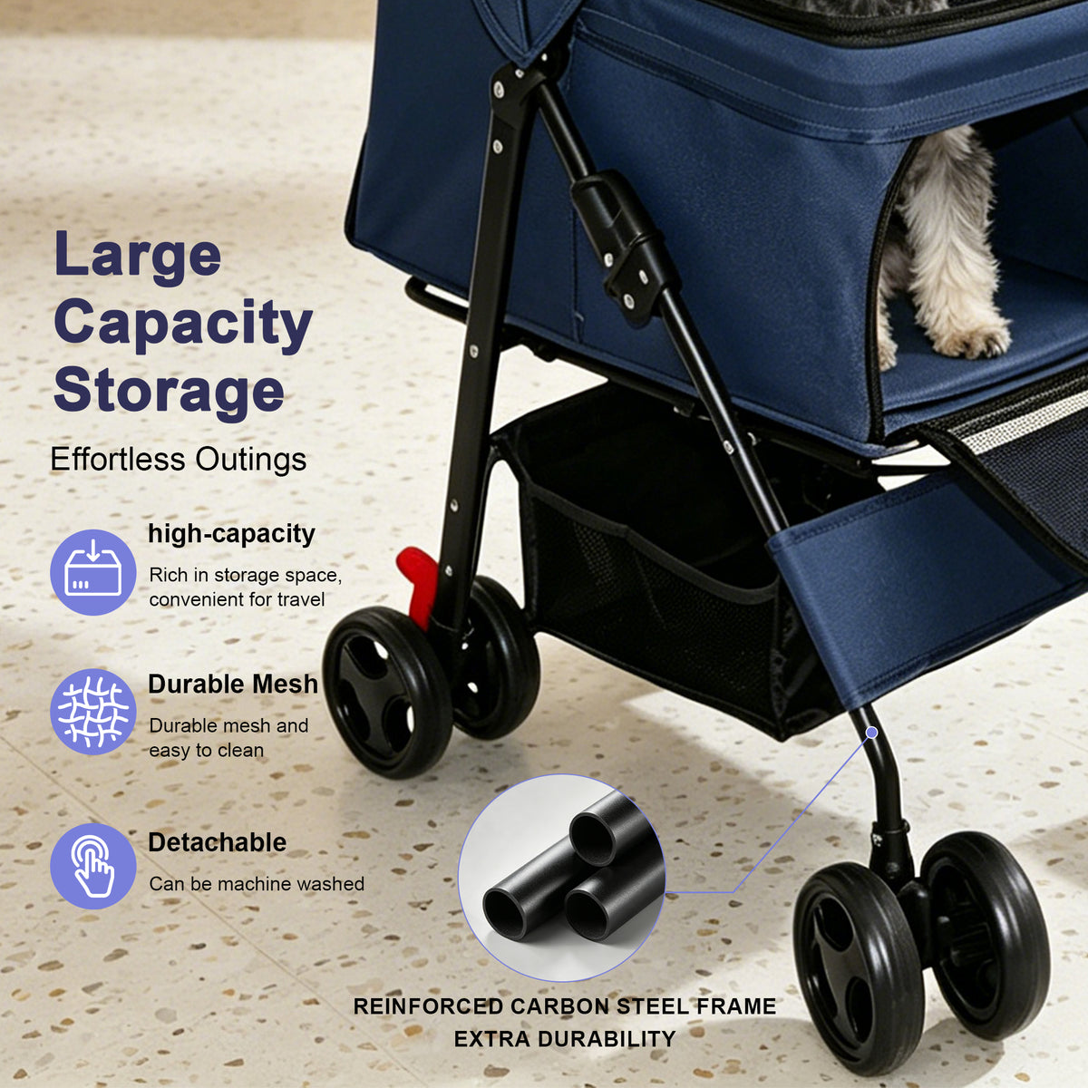 Foldable Pet Stroller for Small Dogs and Cats Under 28 lbs with Multi-Functional Tray, 2 Safety Leashes, Storage Basket 