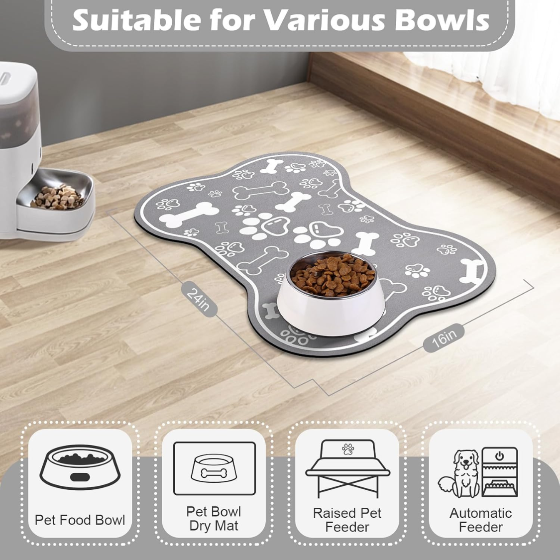 Dog Cat Food Mat,Rapid Absorbent Pet Feeding Mat, Bone Shaped Dog Placemat Water Bowl Mat With Rubber Backing,No Stains 