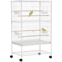 52" Large Rolling Steel Bird Cage Bird House with Rolling Stand, Storage Shelf, Wood Perch, Food Container, White