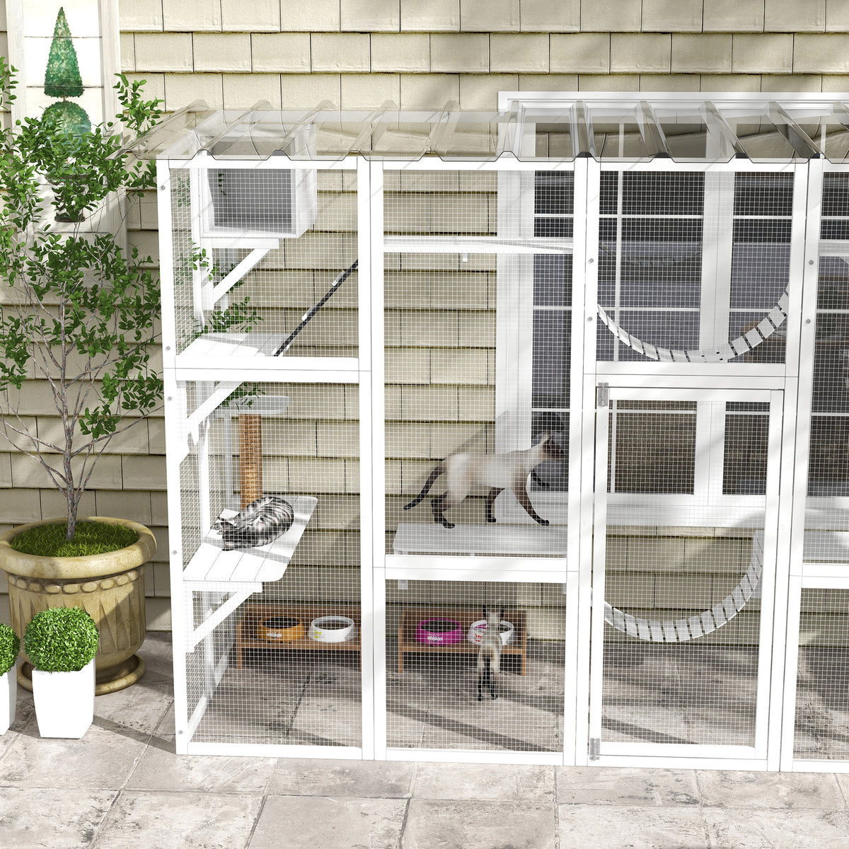 118" Large Outdoor Catio Cat Enclosure with Condos, Bridges & Posts, White