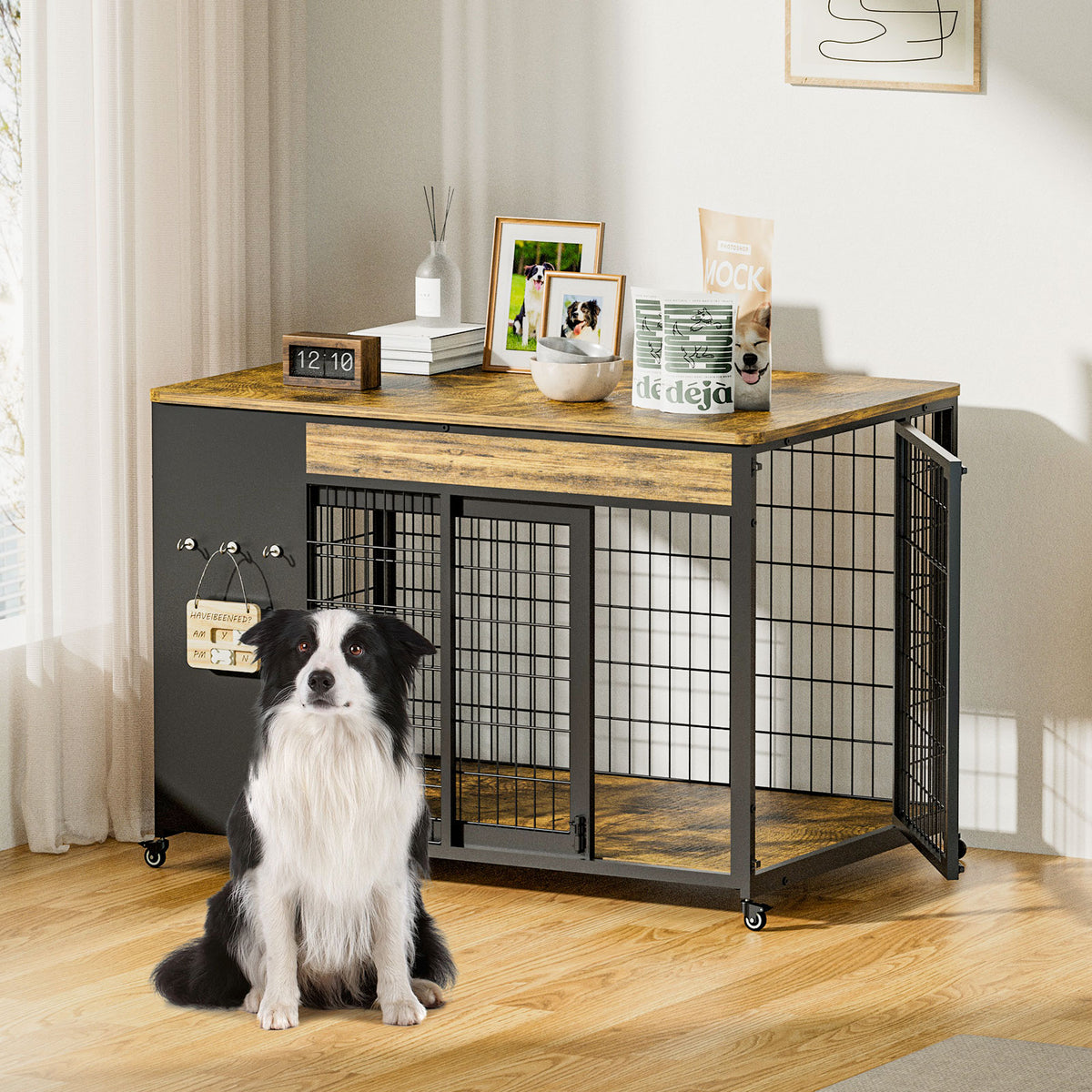 38in Dog Crate Furniture - Dog Crate With DIY Frame, Sliding Door Indoor Kennel, Wooden Dog Cage End Table, For Medium-L