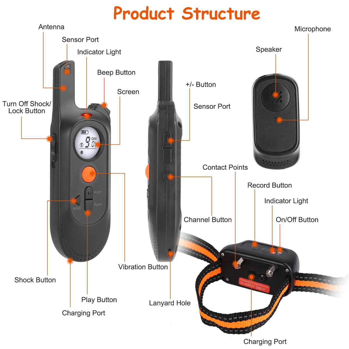 1Pc 984FT Dog Training Collar IP65 Waterproof Pet Beep Vibration Electric Shock Collar 3 Channels Rechargeable Transmitt