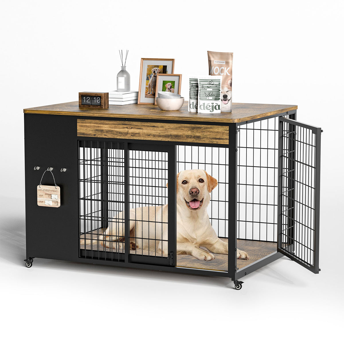 42-Inch Double Wide Wooden Double-Door Dog Crate Side Table Combo - Heavy-Duty DIY Assembly, Chew-Resistant Construction