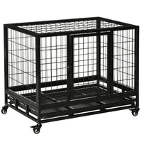 PawHut Heavy Duty Dog Crate With Removable Tray, Lockable Wheels And Double Door, For Medium And Large Dogs, Black