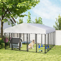 9.8' X 9.8' X 6'Outdoor Dog Kennel, Dog Kennel Outside Run With 360 Rotating Bowls, Waterproof & UV Resistant CoverMulti