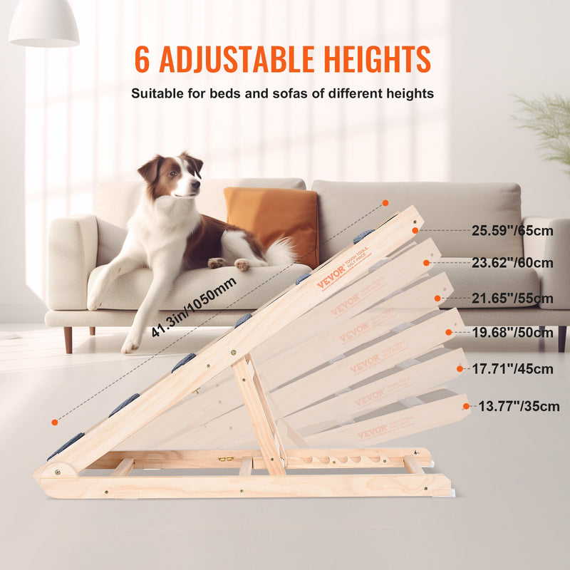Dog Ramp, Folding Pet Ramp For Bed, Adjustable Dog Ramp For Small, Large, Old Dogs & Cats, Wooden Pet Ramp With 41.3' Lo