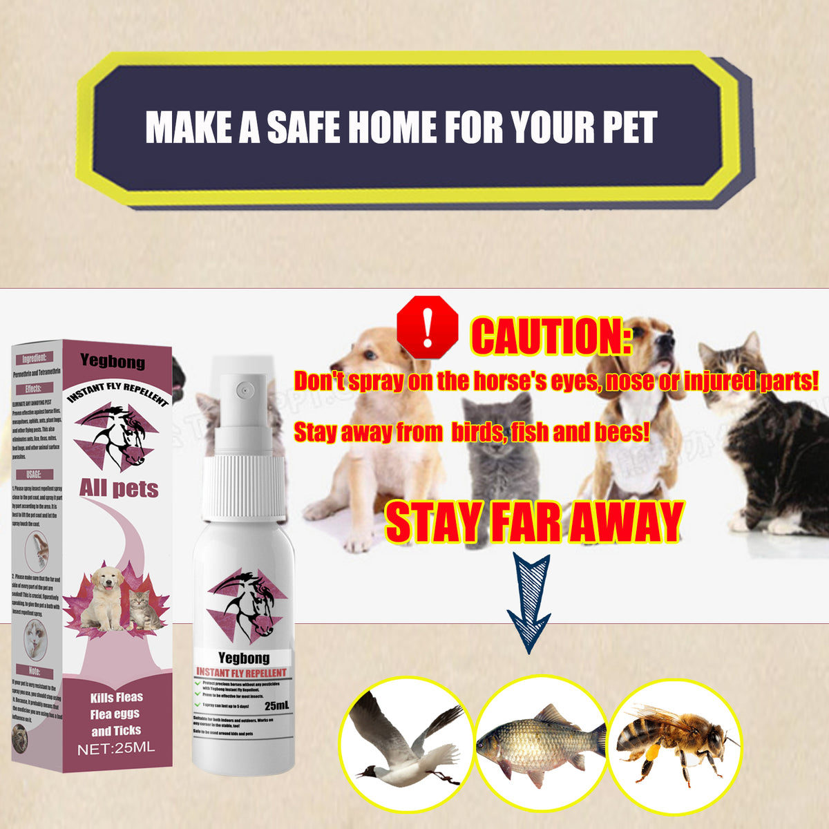 Pet Instant Fly & Pest Repellent Spray 25ml, Kills Fleas, Ticks, Flea Eggs, Safe For Dogs, Cats & Horses