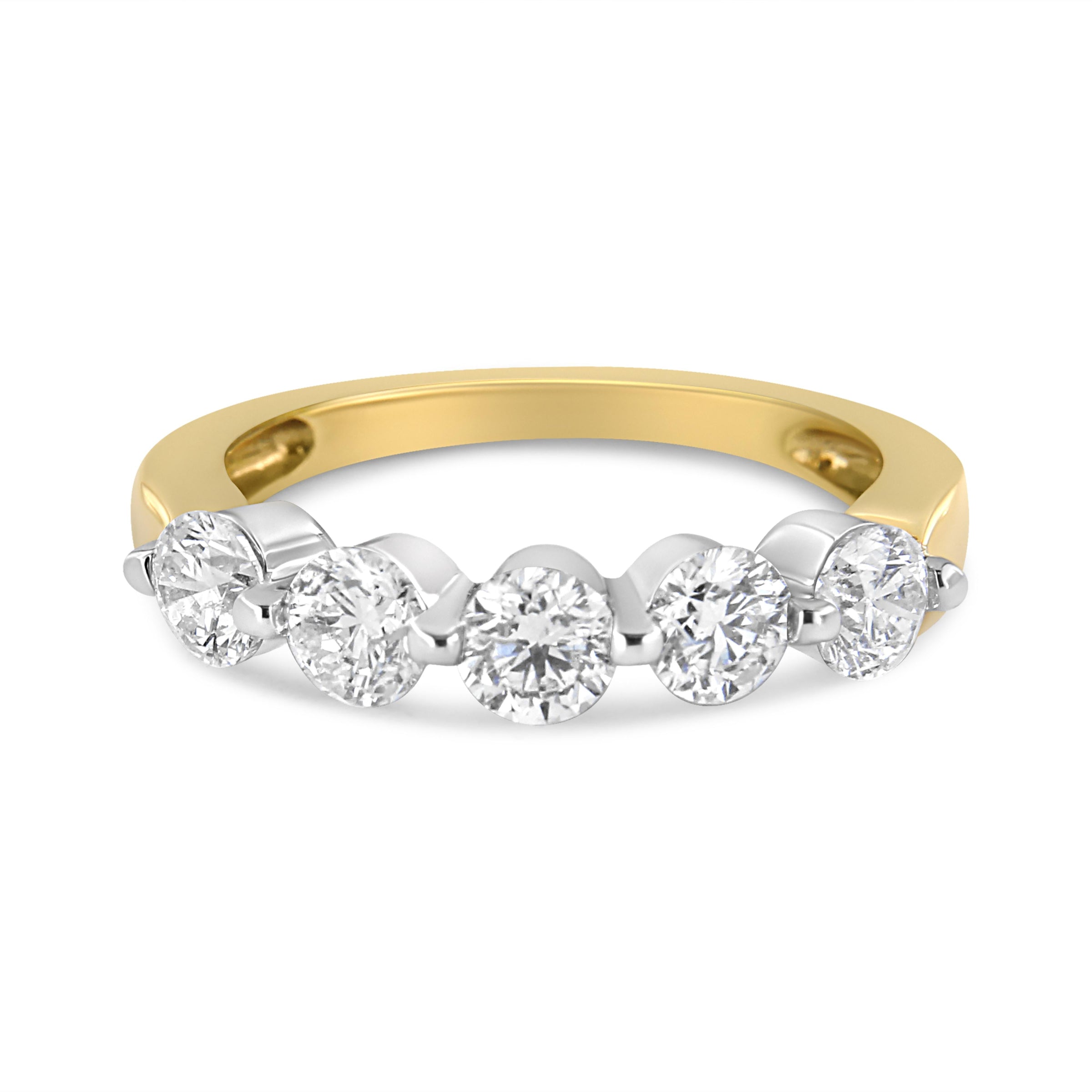 14K White and Yellow Gold 1 1/2 Cttw 2 Prong Cup Set Round-Cut Diamond 5 Stone Ring Band (H-I Color, SI2-I1 Clarity) - Ring Size 7