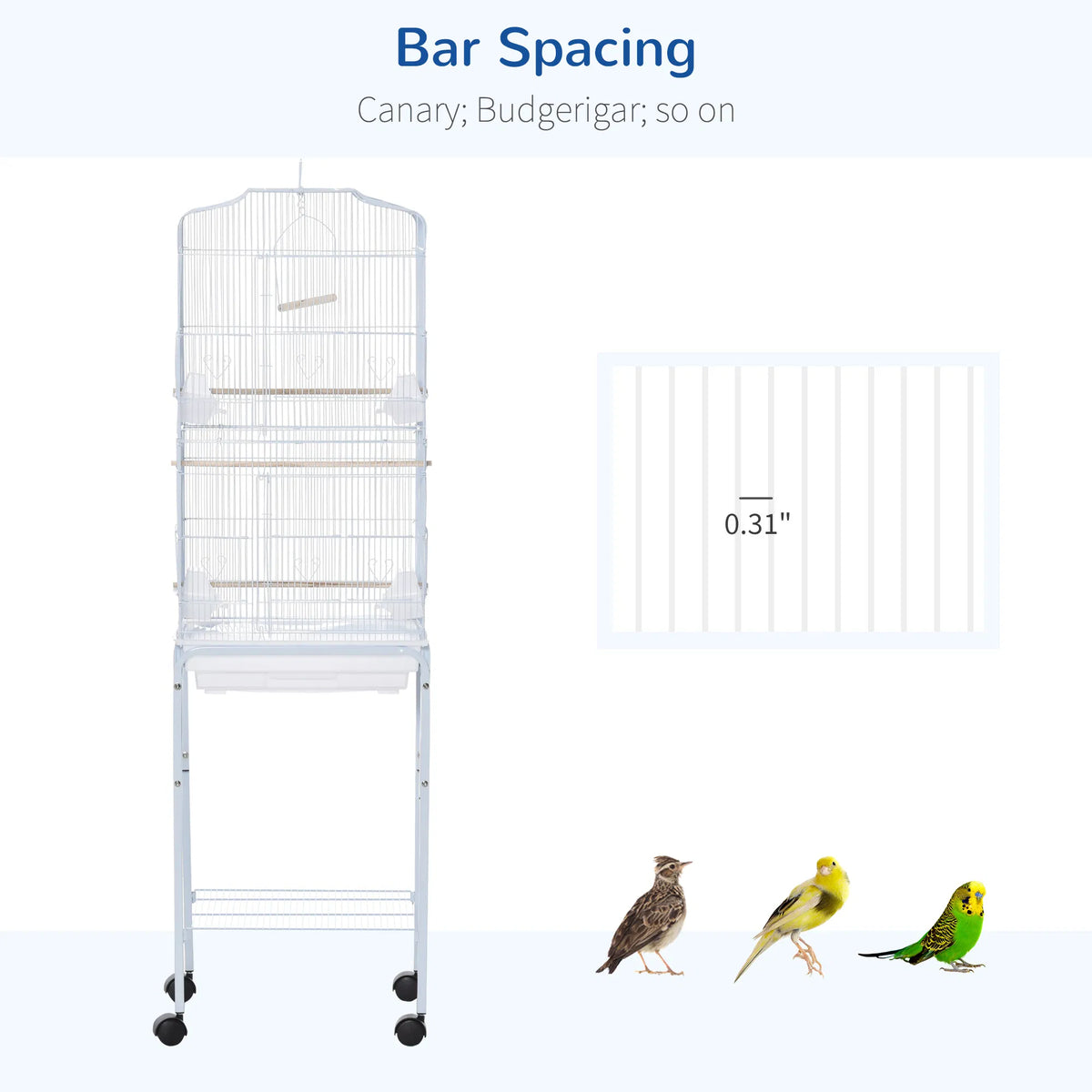 62" Rolling Bird Cage Cockatoo House Play Top Finch Pet Supply with Storage Shelf, Wheels - White