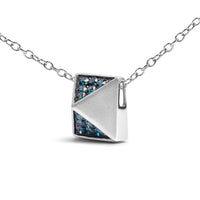 14K White Gold 1/4 Cttw Treated Blue Diamond Matte Finished Pyramid Pendant Necklace (Blue Color, SI1-SI2 Clarity) - 18" Inches