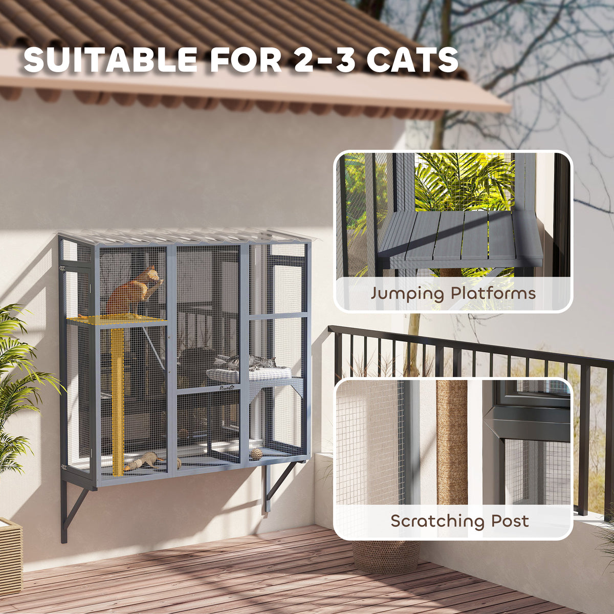 Catio Outdoor, Window Catio For 2-3 Large Indoor Cats W 2 Jumping Platforms, Scratching Post, For Playing, Napping