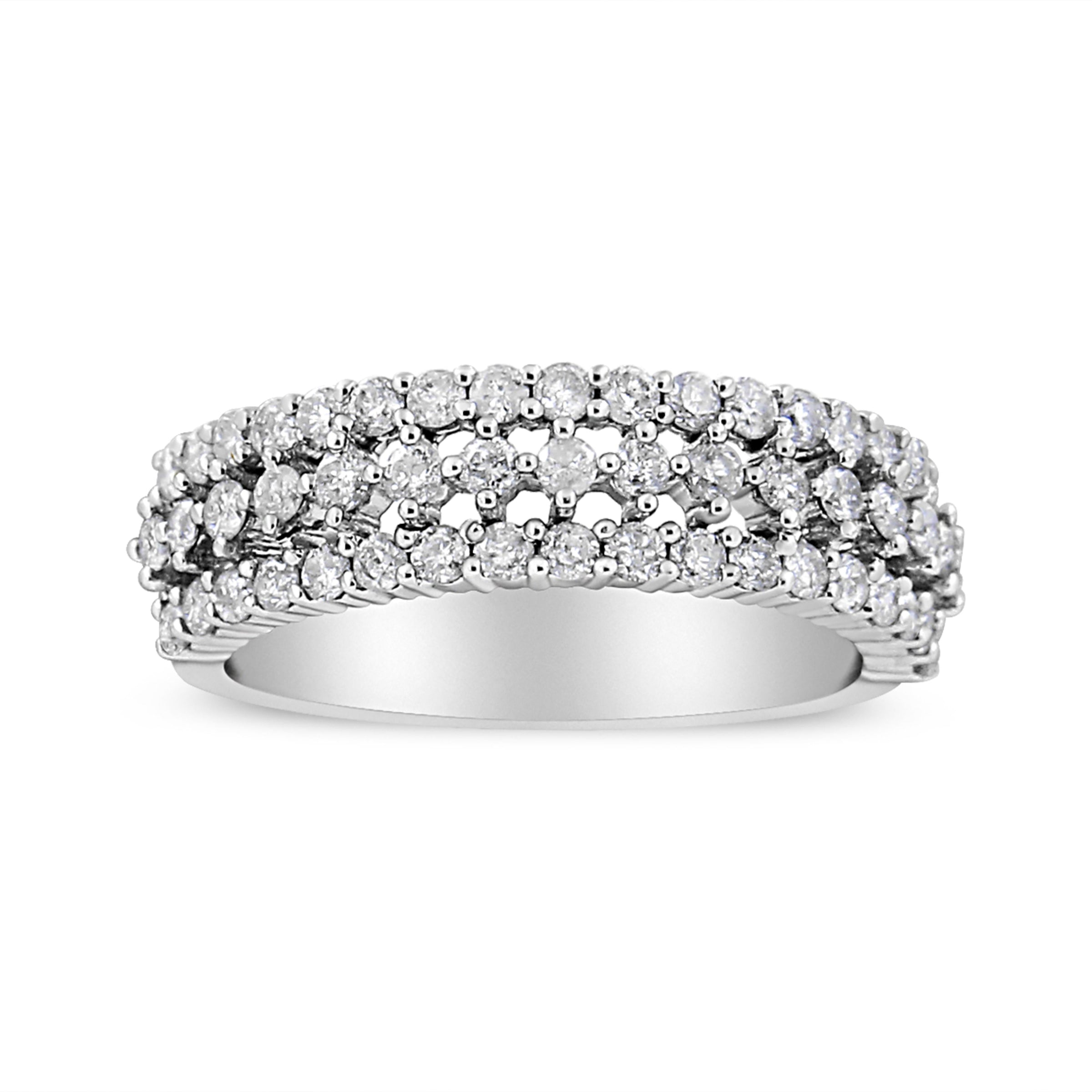 14K White Gold 1.0 Cttw Prong Set Round Diamond Split Shank Three Row Band Ring (H-I Color, I2-I3 Clarity) - Size 6