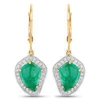 6.40 Carat Genuine Colombian Emerald and White Diamond 14K Yellow Gold Earrings