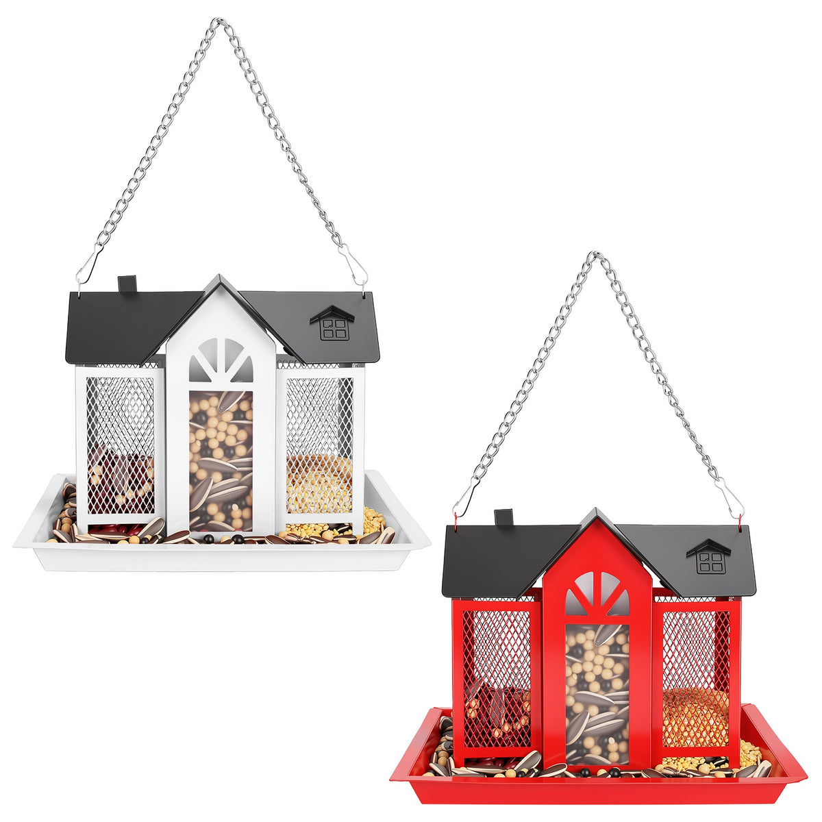 1Pc Metal Hanging Bird Feeder House Classic Barn Bird Feeder House Iron Hanging Outdoor Feeder With Visible Window And L