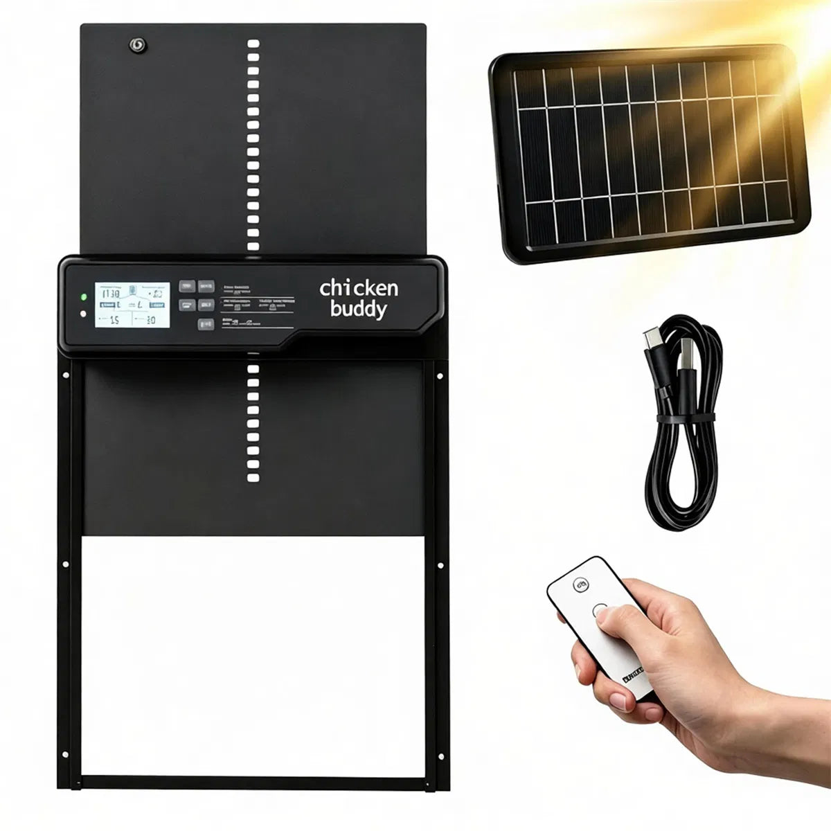 Solar Powered Automatic Chicken Coop Door with 4 Control Modes Light Sensor Timer Remote Manual, Anti-Pinch Weatherproof