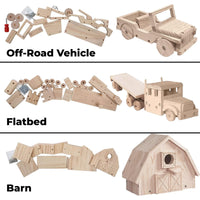 Kraftic Woodworking Building Kit for Kids and Adults, 3 Educational DIY Carpentry Construction Wood Model Kit Toy Projects for Boys and Girls - Build a Wooden Off-Road Vehicle, Flatbed, Barn