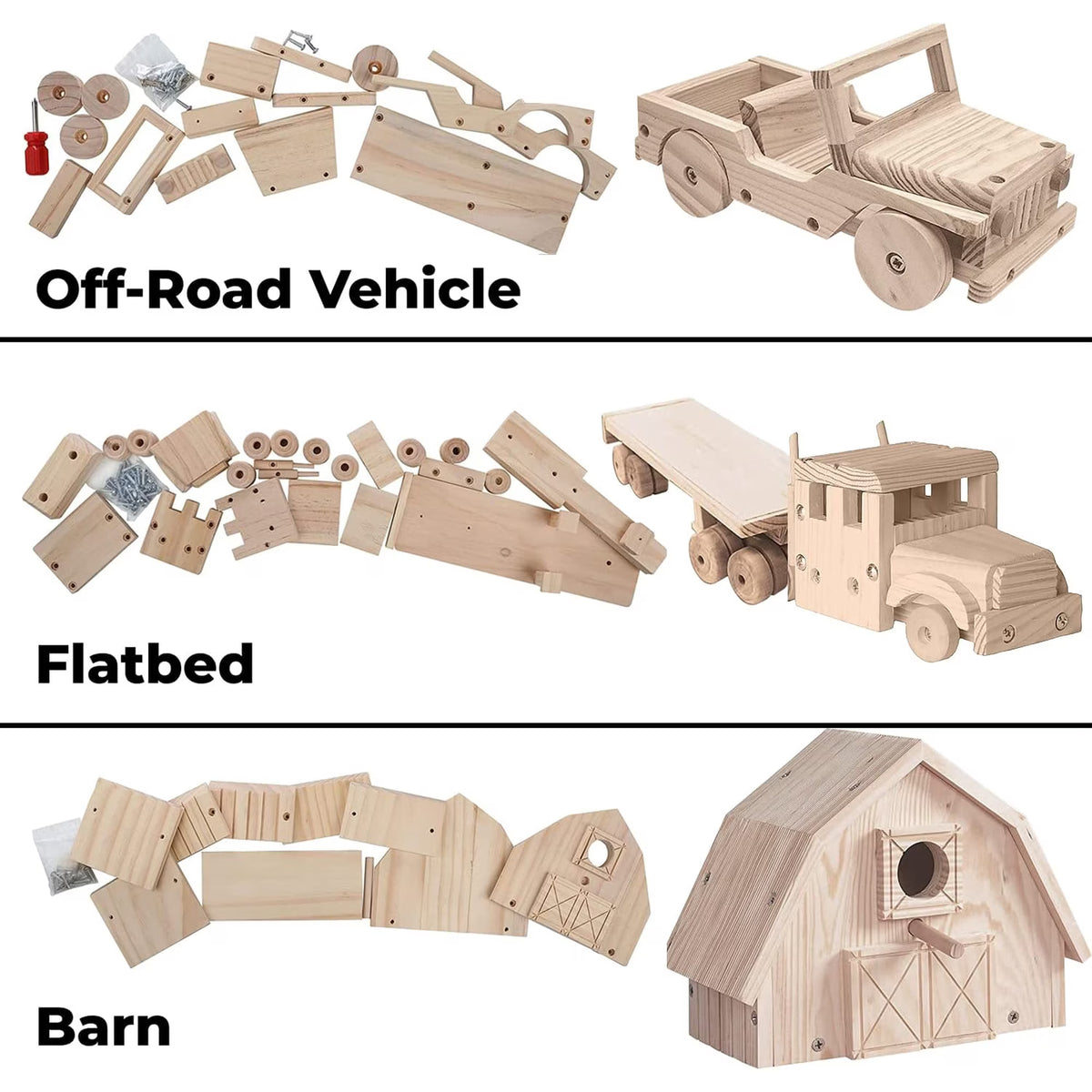 Kraftic Woodworking Building Kit for Kids and Adults, 3 Educational DIY Carpentry Construction Wood Model Kit Toy Projects for Boys and Girls - Build a Wooden Off-Road Vehicle, Flatbed, Barn