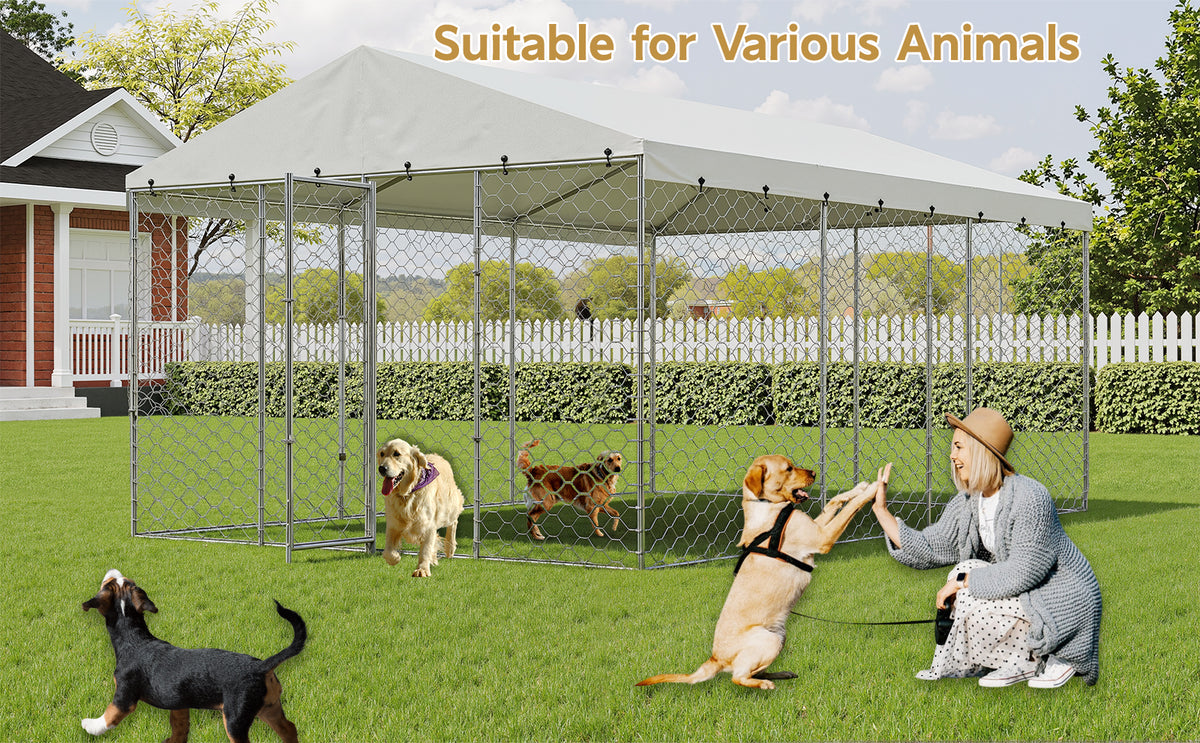 15x10 FT Large Outdoor Dog Kennel with Canopy, Heavy Duty Galvanized Steel Frame, Waterproof Cover, All-Weather Protecti