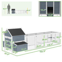 156 Extra Large Wooden Chicken Coop With 2 Nesting Box, Run Cage, Waterproof Wave Roof, For 10-15 Chickens, Light Gray