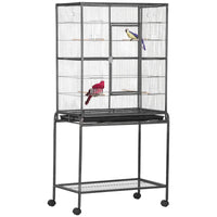 Rolling Metal Bird Cage Feeder With Detachable Rolling Stand, Storage Shelf, Wood Perch & Food Container