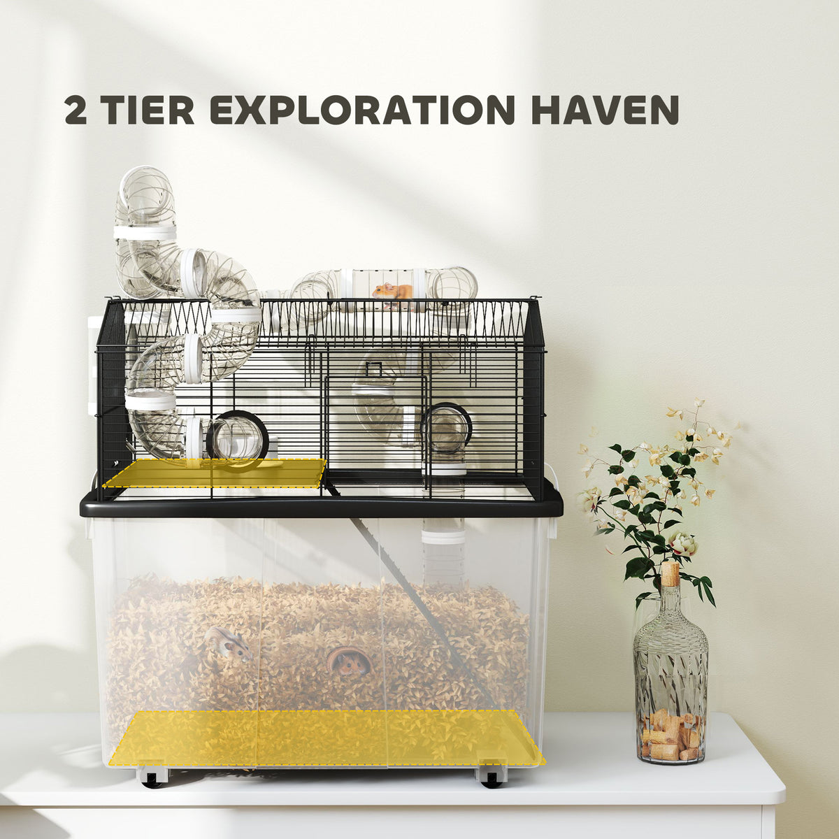 2 Tier Hamster Cage with 12" Deep Tray, Tube System, Water Bottle, Ramp, Feeding Bowl, 23" x 17" x 22", Black