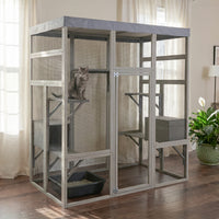 Gray Wooden Catio Pet Enclosure with Waterproof Top, Spacious and Secure Cat House & Small Animal Cage,2 Napping Boxes