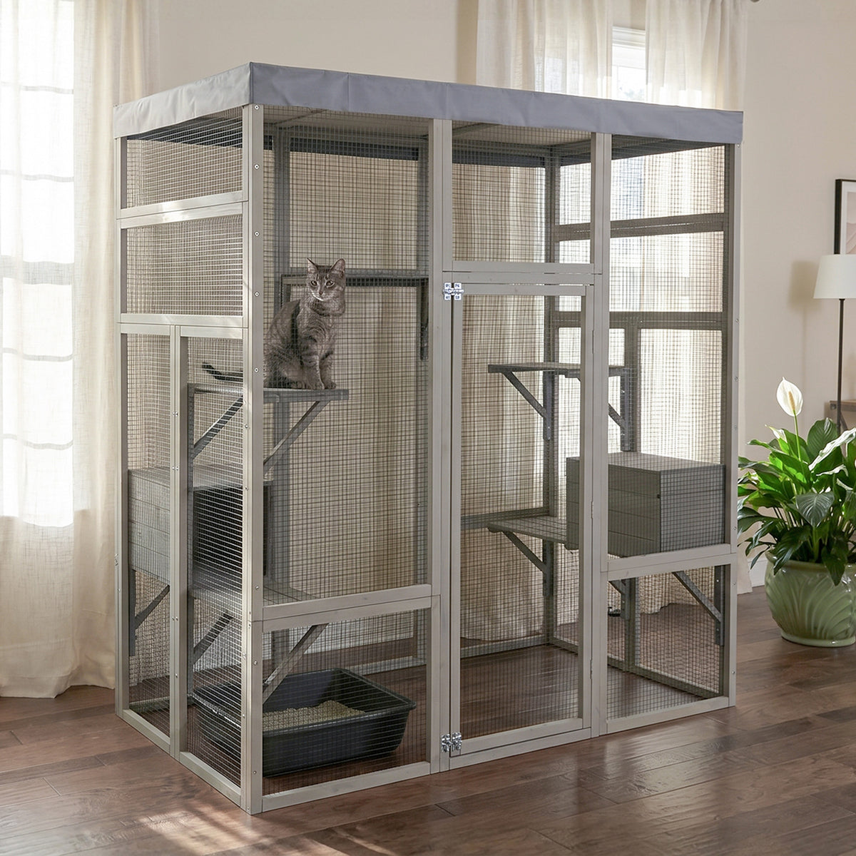 Gray Wooden Catio Pet Enclosure with Waterproof Top, Spacious and Secure Cat House & Small Animal Cage,2 Napping Boxes