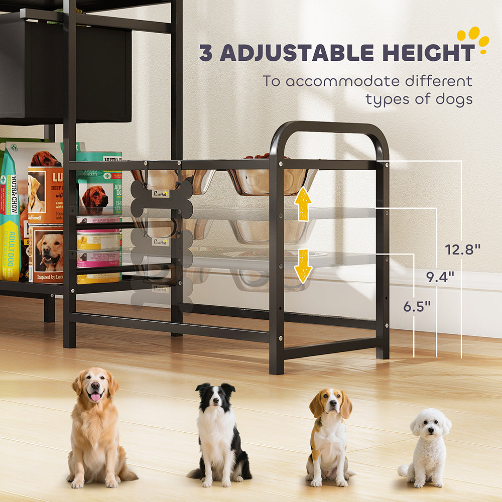 3 Height Adjustable Dog Bowl Stand Oxford Fabric With Features Four Bowls, Toy Bin Basket