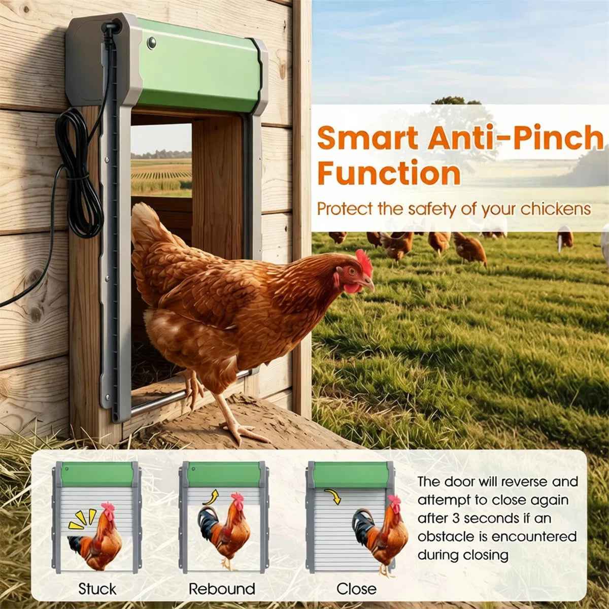 Solar Powered Automatic Chicken Coop Door with 4 Modes Light Sensor Timer Remote Control, Anti-Pinch Weatherproof Alumin
