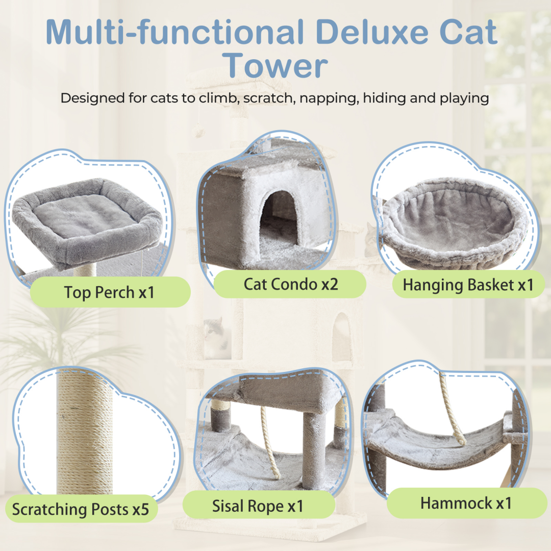 66 Inch Cat Tree Tower, Large Multi-Cat Climbing Extended Platform, Hammock, Pet House For Indoor Cats And Kittens Play