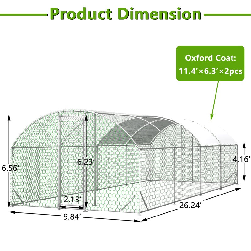 26'x9'x6'Large Metal Chicken Coop,Walk-in Poultry Cage,Chicken Run With Waterproof Cover,Outdoor Backyard Farm,Chicken R