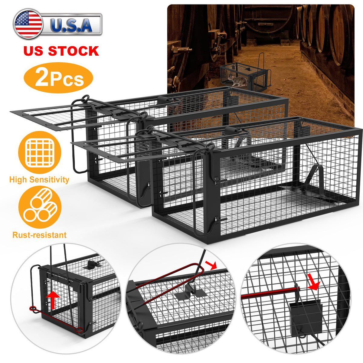 2 Pack Rat Trap Cage Humane Live Rodent Trap Cage Galvanized Iron Mice Mouse Control Bait Catch With Detachable U Shaped