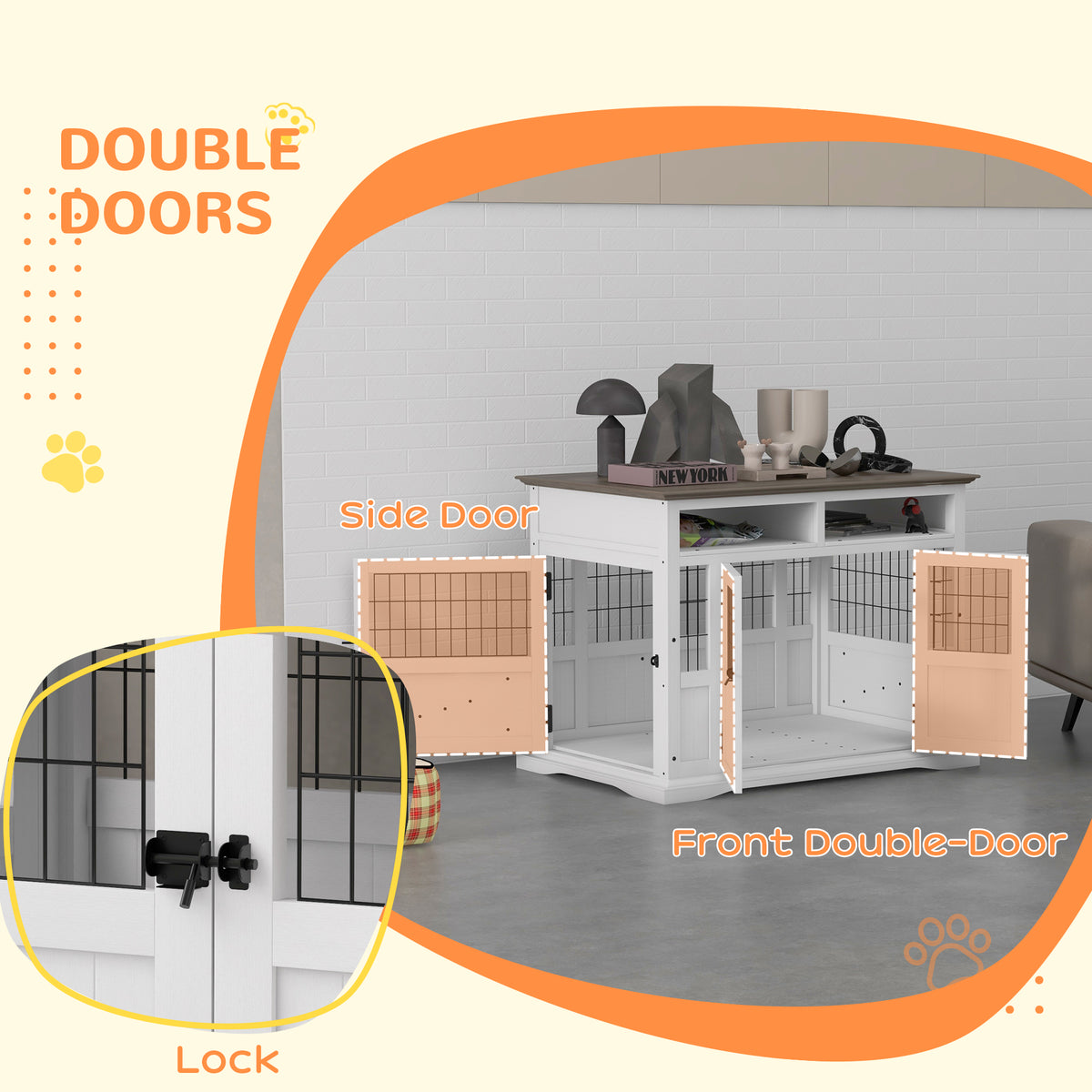 Dog Kennel Furniture Side End Table with Storage, Double Doors for Small and Medium Dogs, White