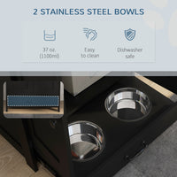 Pet Feeding Station, Dog Food Storage Cabinet w/ Raised Dog Bowls, Adjustable Panel, Hooks for Medium Dogs, Black