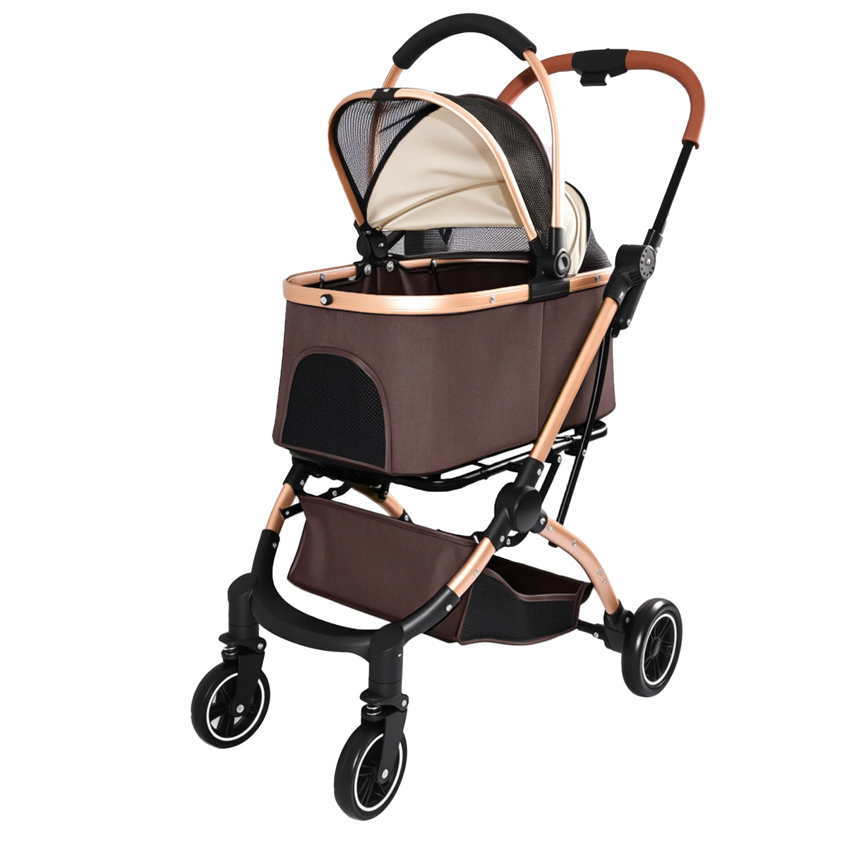 Pet Stroller for Dogs and Cats, 2-in-1 Detachable Foldable 4 Wheels Pet Stroller, Quick One-Hand Fold, Storage Basket, D