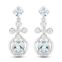 4.42 Carat Genuine Aquamarine and White Zircon .925 Sterling Silver Earrings