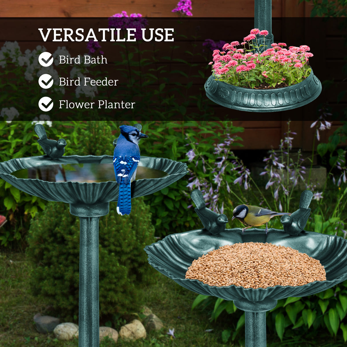 32" Antique Bird Bath Decorative Birdbath Bird Feeder Bowl with Planter Pedestal and Bird Statues, Verdigris