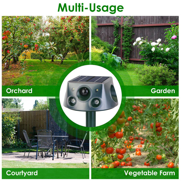 Solar & Type-C Rechargeable Animal Repeller - 3 Modes Ultrasonic+Buzzer+Vibration, IP66 Waterproof, 2200mAh Battery, Rep