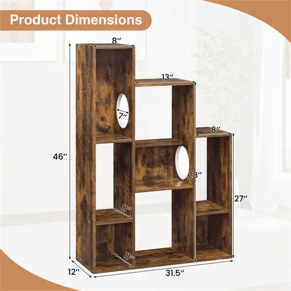 Cat Bookshelf Cabinet (Rustic Brown), 8 Organized Storage Sections & Multiple Climbing Platforms