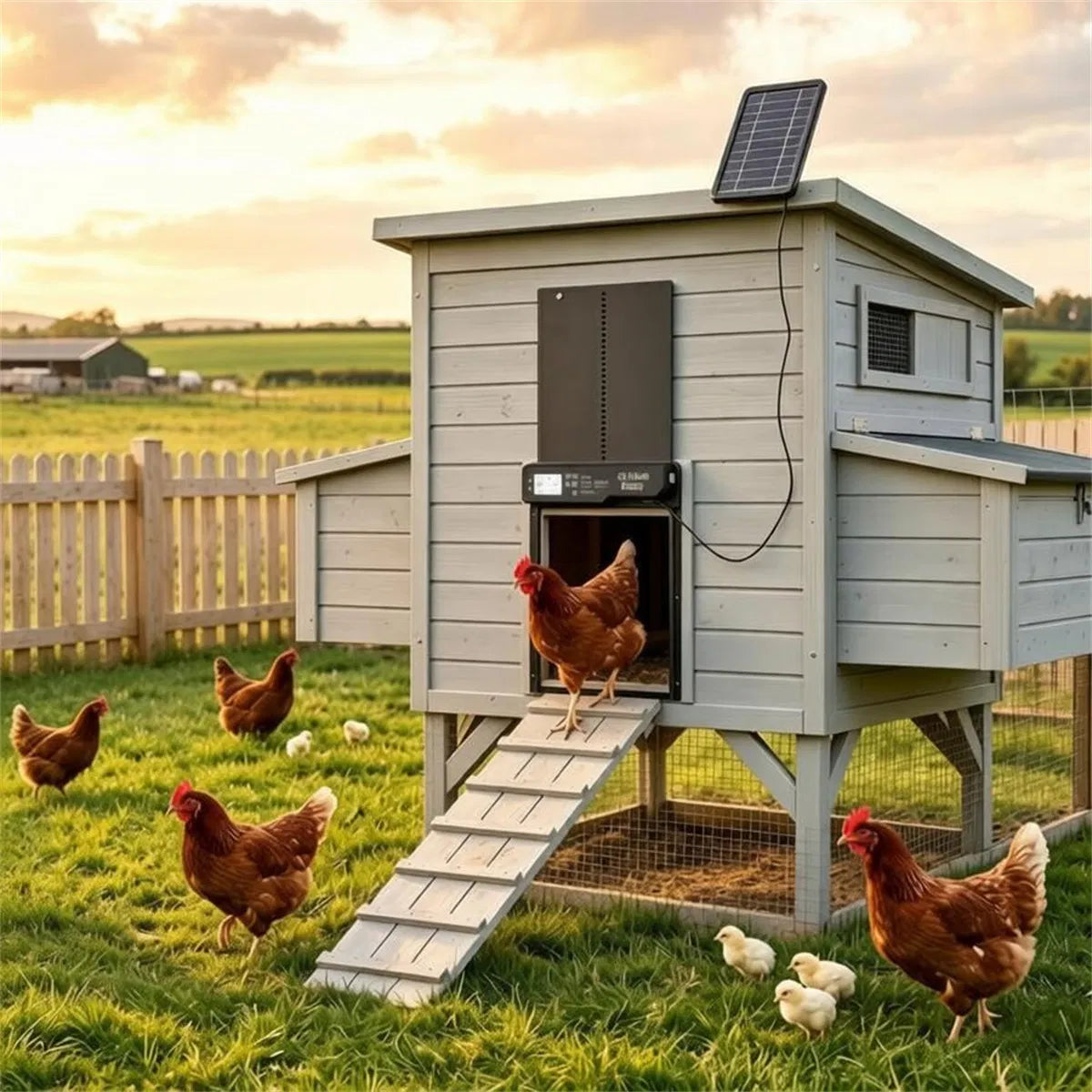 Solar Powered Automatic Chicken Coop Door with 4 Control Modes Light Sensor Timer Remote Manual, Anti-Pinch Weatherproof