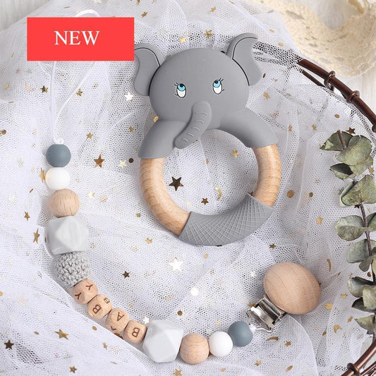 Modern Luxury Pacifier Clip Chain Beech Beads Silicone Elephant Pendant Baby Teething Nursing Clips Chain For Baby - BIG FRENCHIES
