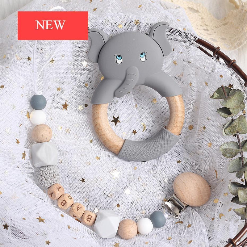 Modern Luxury Pacifier Clip Chain Beech Beads Silicone Elephant Pendant Baby Teething Nursing Clips Chain For Baby - BIG FRENCHIES